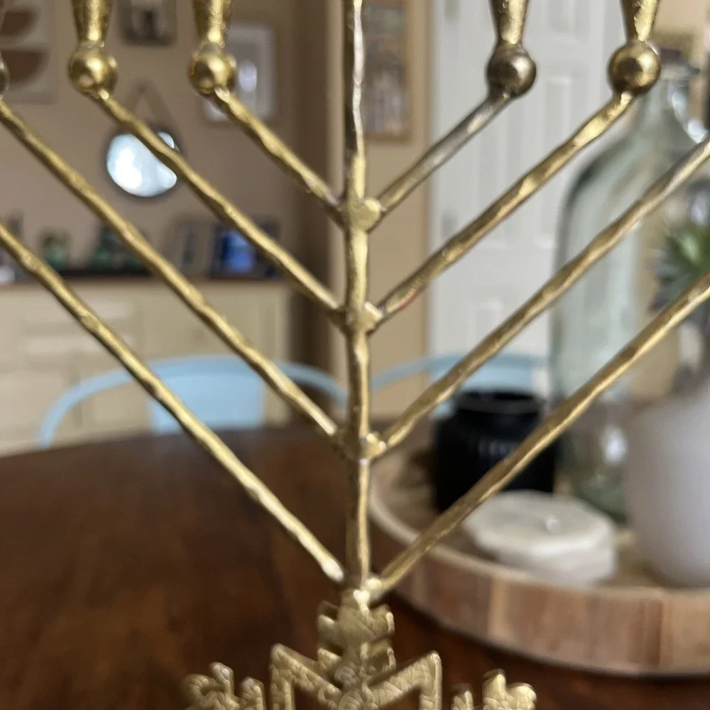 Metal Menorah With Snowflake Decor Hanukkah Brutalist Marble Wood Base See Photo
